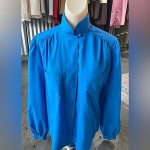 Vintage Josephine Button-Down Stand Collar Long Sleeve Vibrant Blue Top Size 10